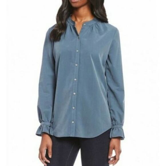 Daniel Cremieux Tops - Cremieux Blue Gray Long Sleeve Button Up Woven Rayon Ruffle Cuff Blouse M